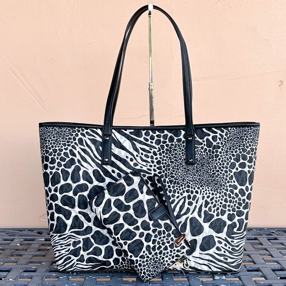 Michael Kors Carter Large Open Tote Bag + Double Zip Wallet MK Zebra Print Black - Picture 2 of 16